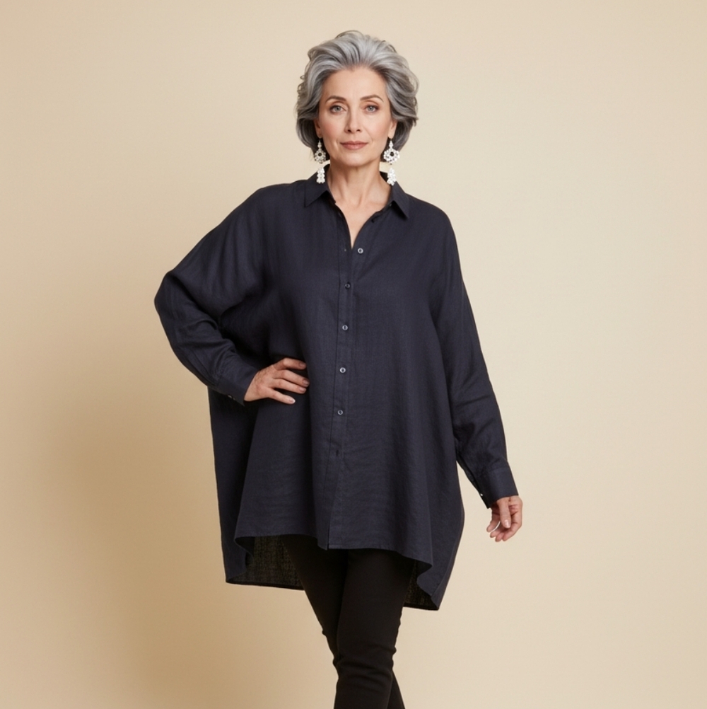 Planet By Lauren G Midnight Blue Jaquard Polka Dot Button Front Shirt OS (Bx21)